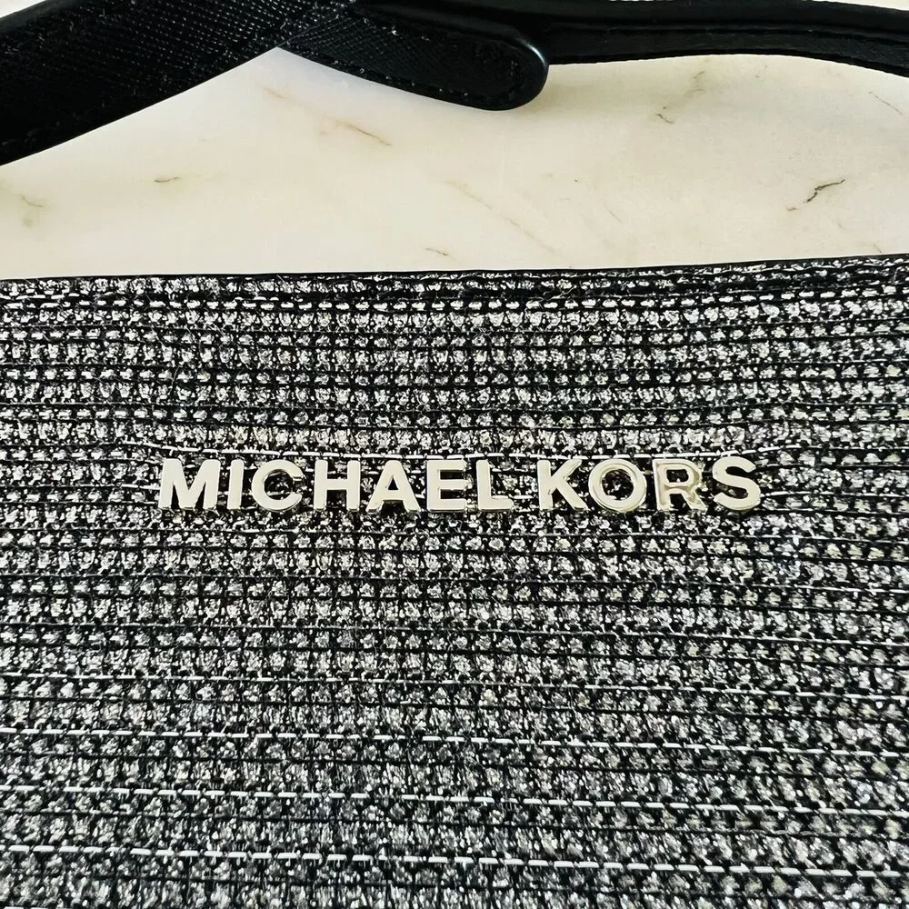 MICHAEL KORS Black Metallic Silver Fabric Crossbody Clutch Bag